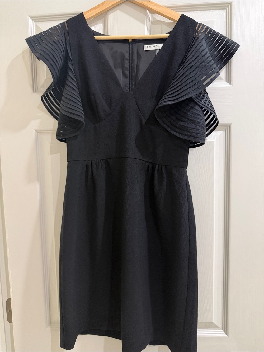 Trina Turk Black Mini Dress with Pleated Flutter Sleeves